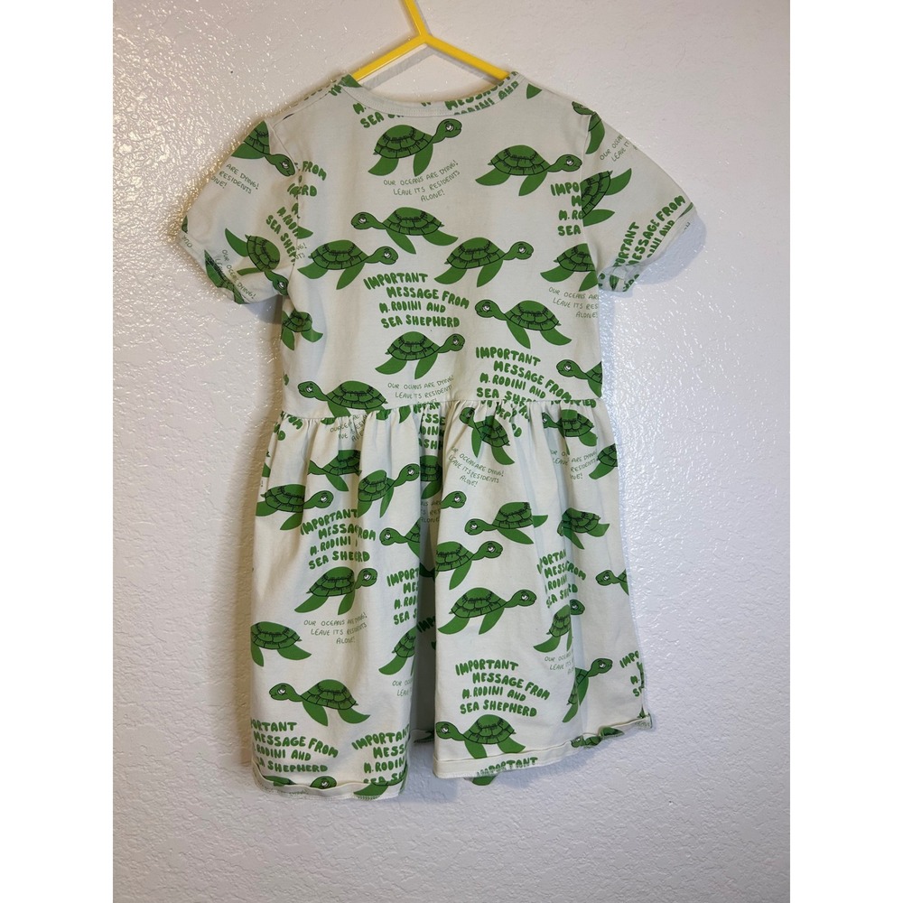 Mini Rodini Sea Shepherd Turtle Print Organic Cotton Dress Green White Sz 8-9